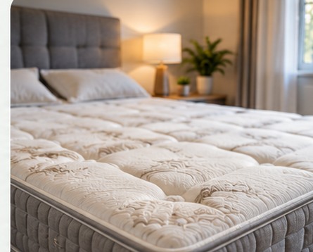 Matelas dans une chambre, vue oblique depuis le pied du lit, illustration